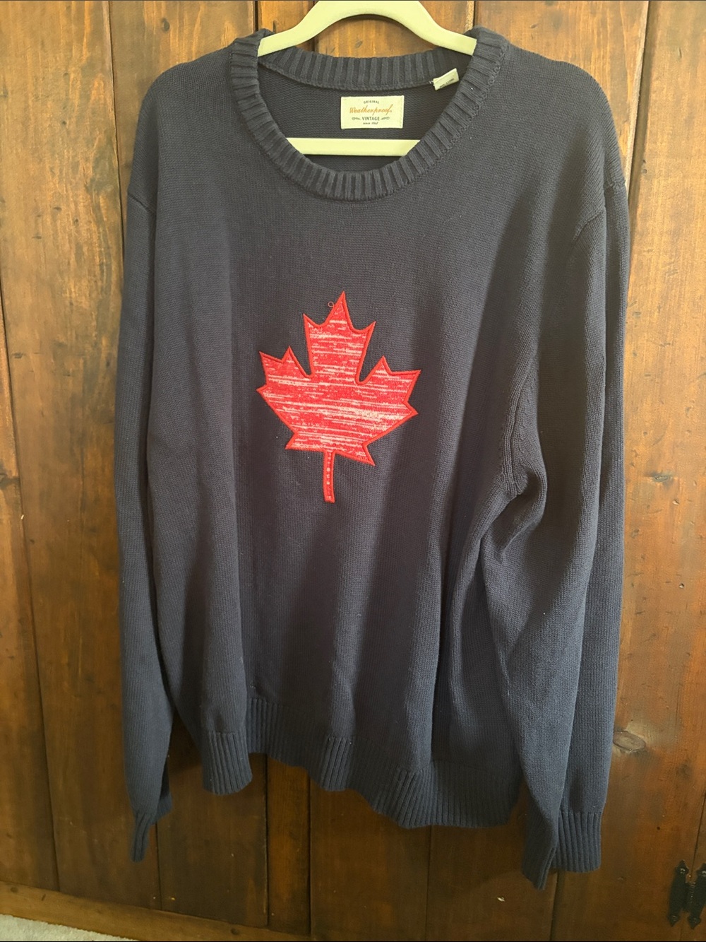 Weatherproof Navy Crewneck Sweater with Red Maple Applique